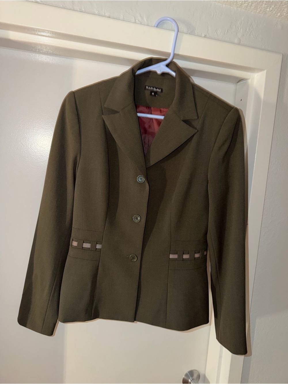 Pierre  Olive Green Women's Three-Button Blazer with Waist Accent 4